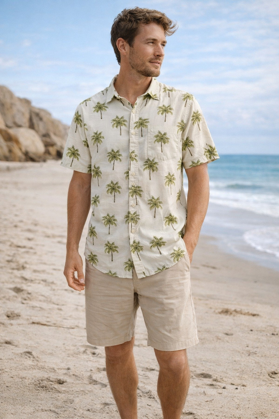 Old Navy Mens Large Palm Tree Button Up Shirt Tropical Hawaiian Summer Casual